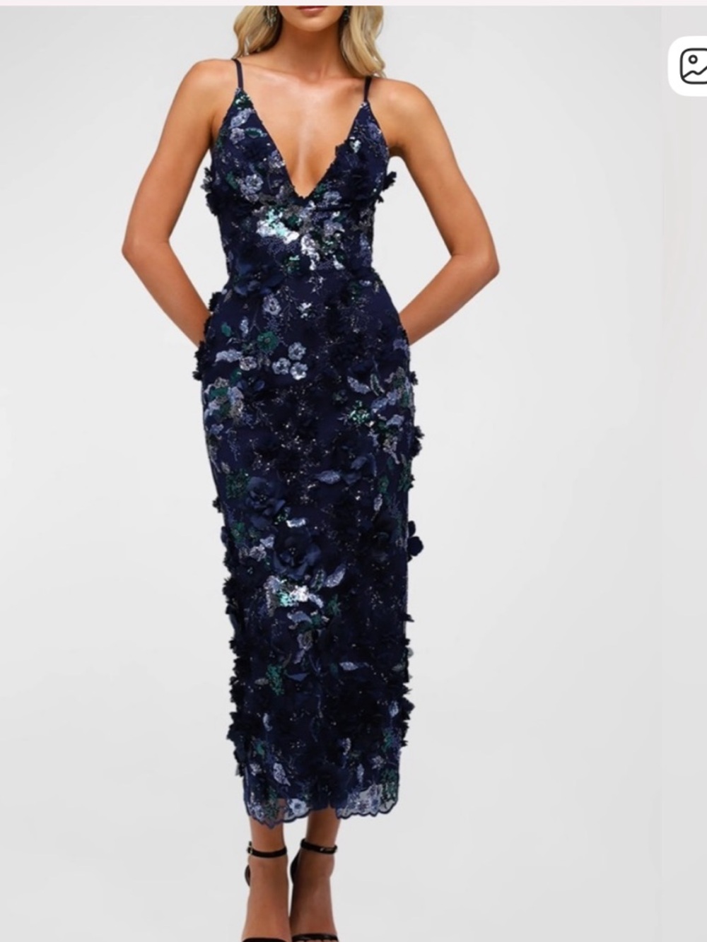Helsi Navy Floral Appliqué V-Neck Midi Dress